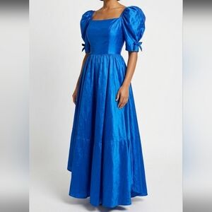 Vintage 1980s Blue Puff Sleeve Dress Union Made Prom Full Skirt Formal